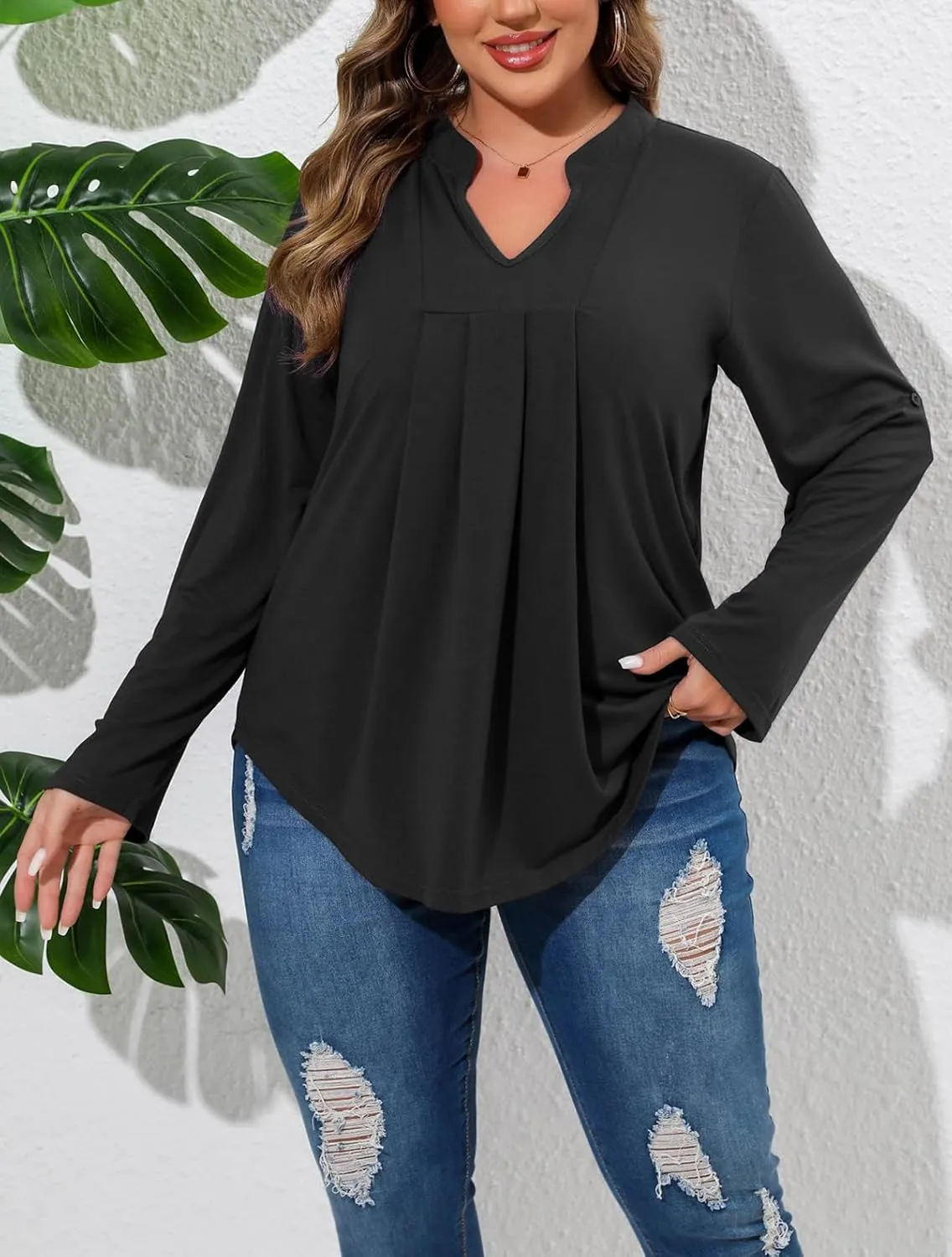 Beauhuty Womens Plus Size Tops Split V Neck Tunic Pleated Shirts Casual Trendy Flowy Dressy Blouses Roll up Sleeves