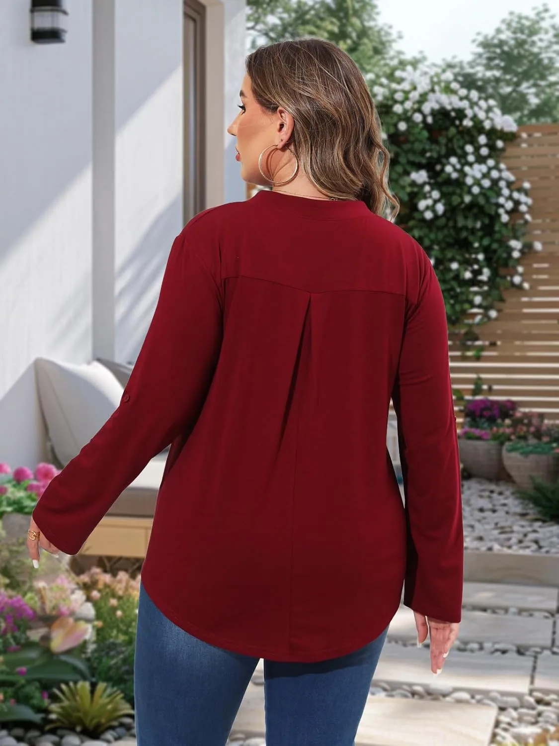 Beauhuty Womens Plus Size Tops Split V Neck Tunic Pleated Shirts Casual Trendy Flowy Dressy Blouses Roll up Sleeves