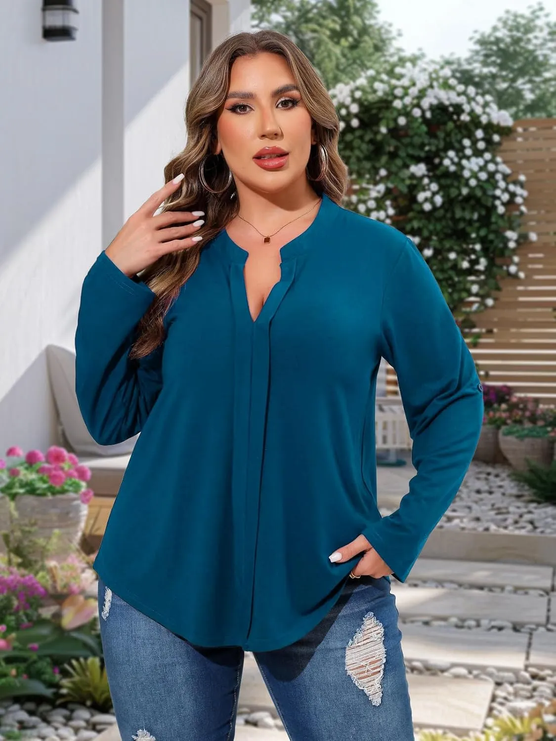 Beauhuty Womens Plus Size Tops Split V Neck Tunic Pleated Shirts Casual Trendy Flowy Dressy Blouses Roll up Sleeves