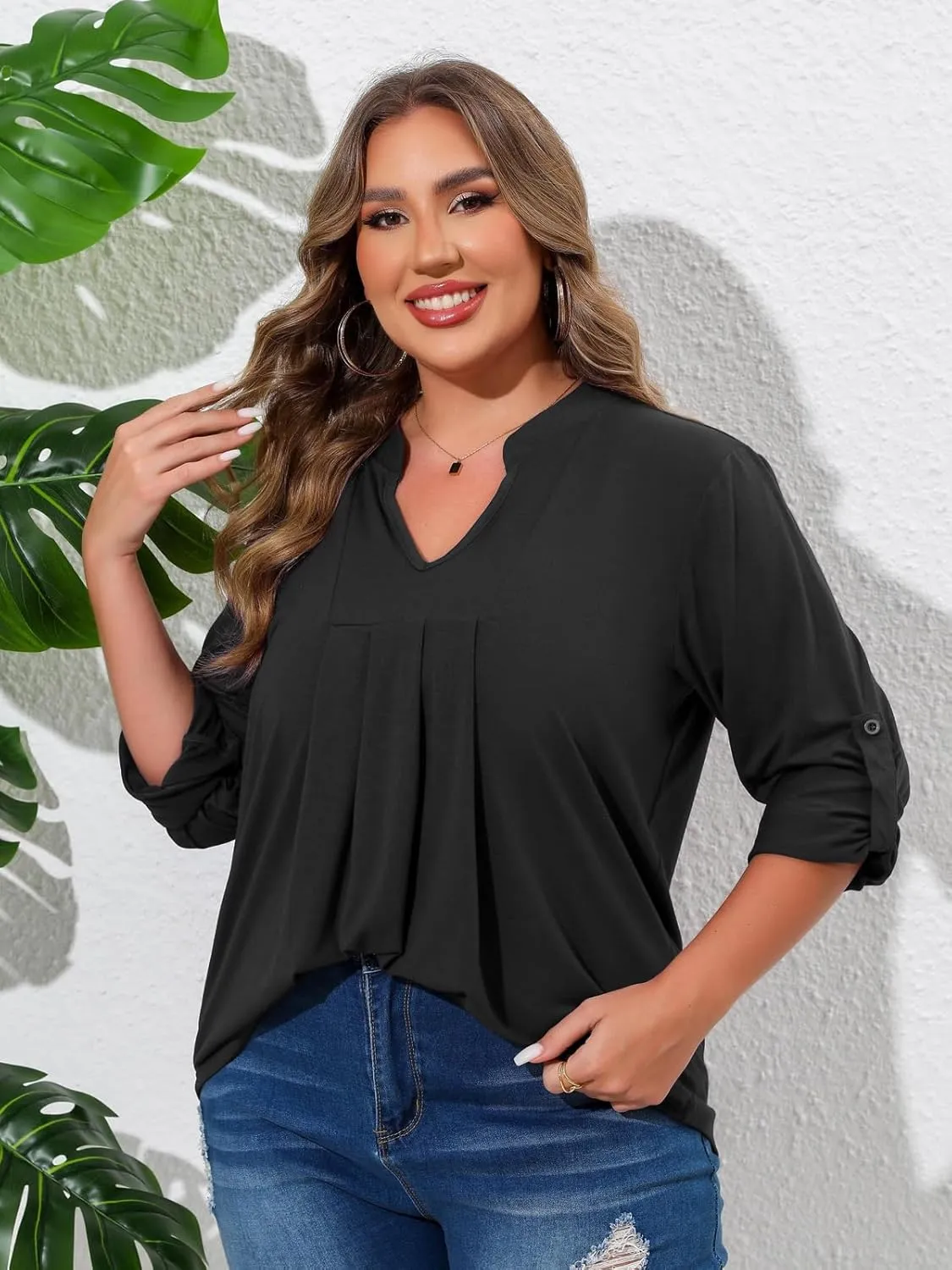 Beauhuty Womens Plus Size Tops Split V Neck Tunic Pleated Shirts Casual Trendy Flowy Dressy Blouses Roll up Sleeves
