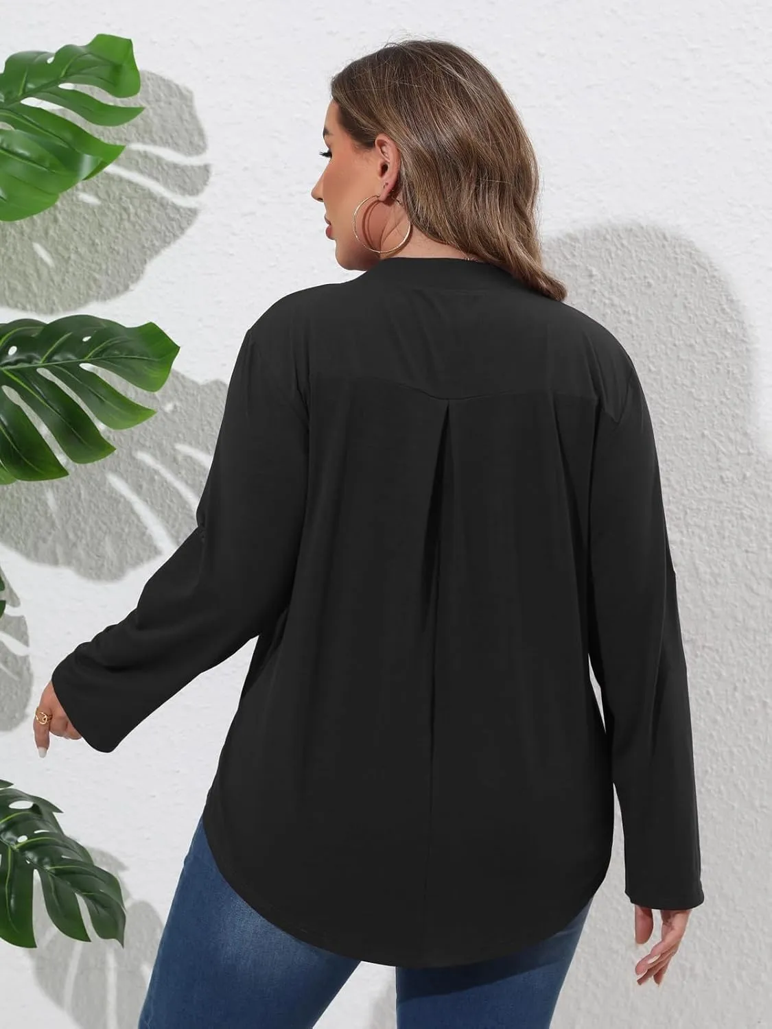 Beauhuty Womens Plus Size Tops Split V Neck Tunic Pleated Shirts Casual Trendy Flowy Dressy Blouses Roll up Sleeves