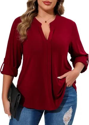 Beauhuty Womens Plus Size Tops Split V Neck Tunic Pleated Shirts Casual Trendy Flowy Dressy Blouses Roll up Sleeves