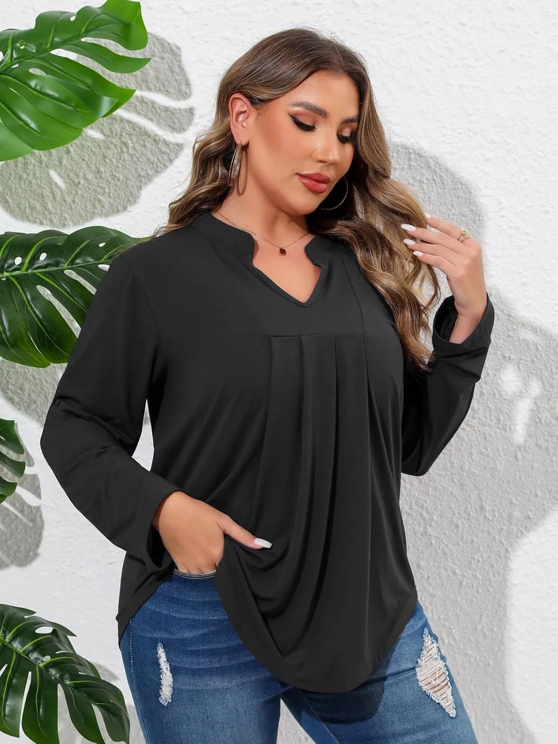 Beauhuty Womens Plus Size Tops Split V Neck Tunic Pleated Shirts Casual Trendy Flowy Dressy Blouses Roll up Sleeves