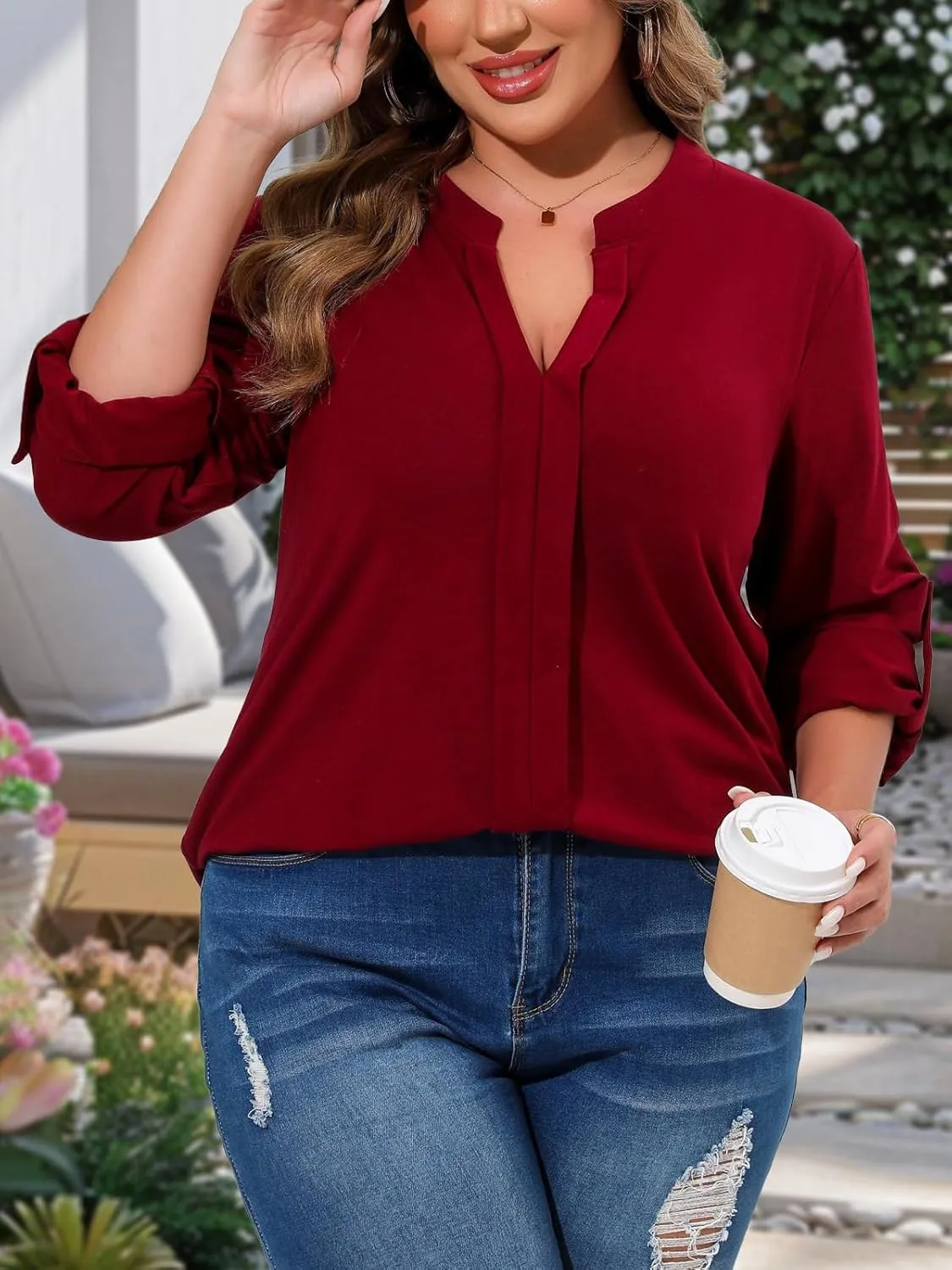 Beauhuty Womens Plus Size Tops Split V Neck Tunic Pleated Shirts Casual Trendy Flowy Dressy Blouses Roll up Sleeves