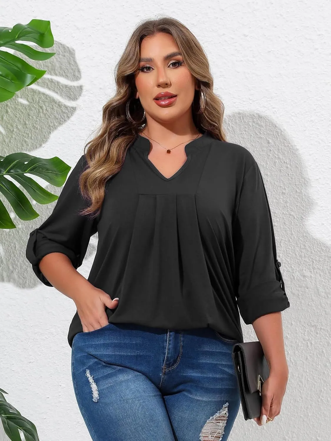 Beauhuty Womens Plus Size Tops Split V Neck Tunic Pleated Shirts Casual Trendy Flowy Dressy Blouses Roll up Sleeves
