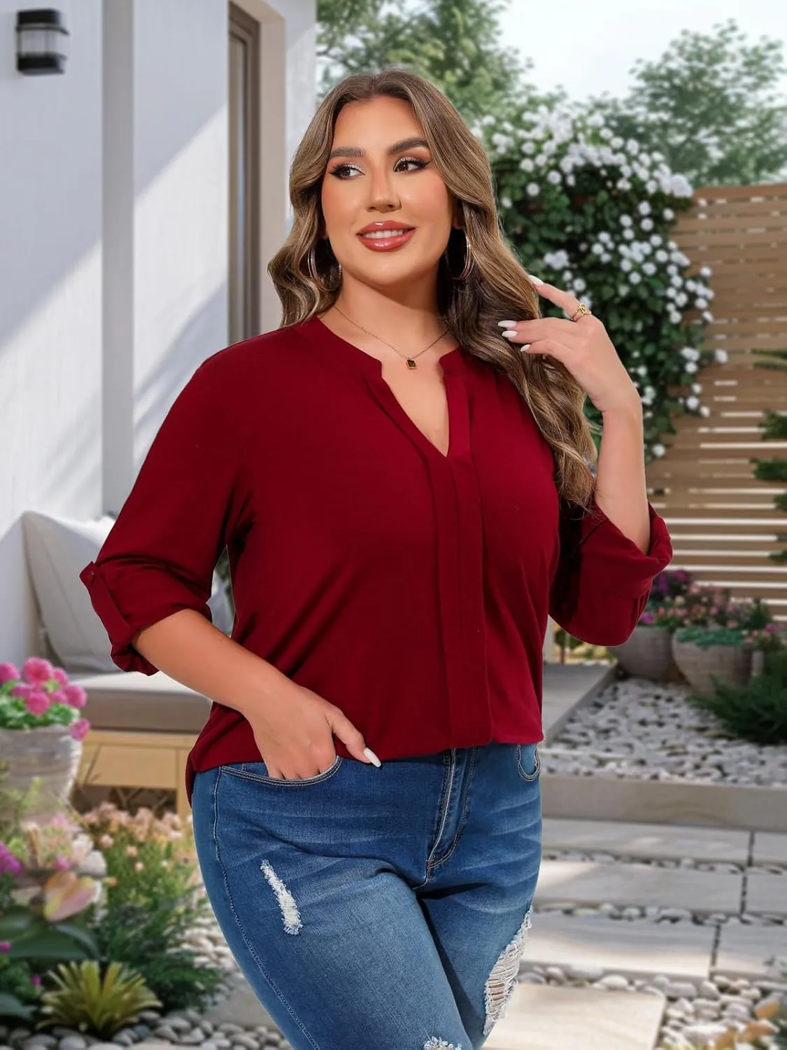 Beauhuty Womens Plus Size Tops Split V Neck Tunic Pleated Shirts Casual Trendy Flowy Dressy Blouses Roll up Sleeves