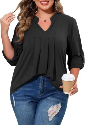 Beauhuty Womens Plus Size Tops Split V Neck Tunic Pleated Shirts Casual Trendy Flowy Dressy Blouses Roll up Sleeves