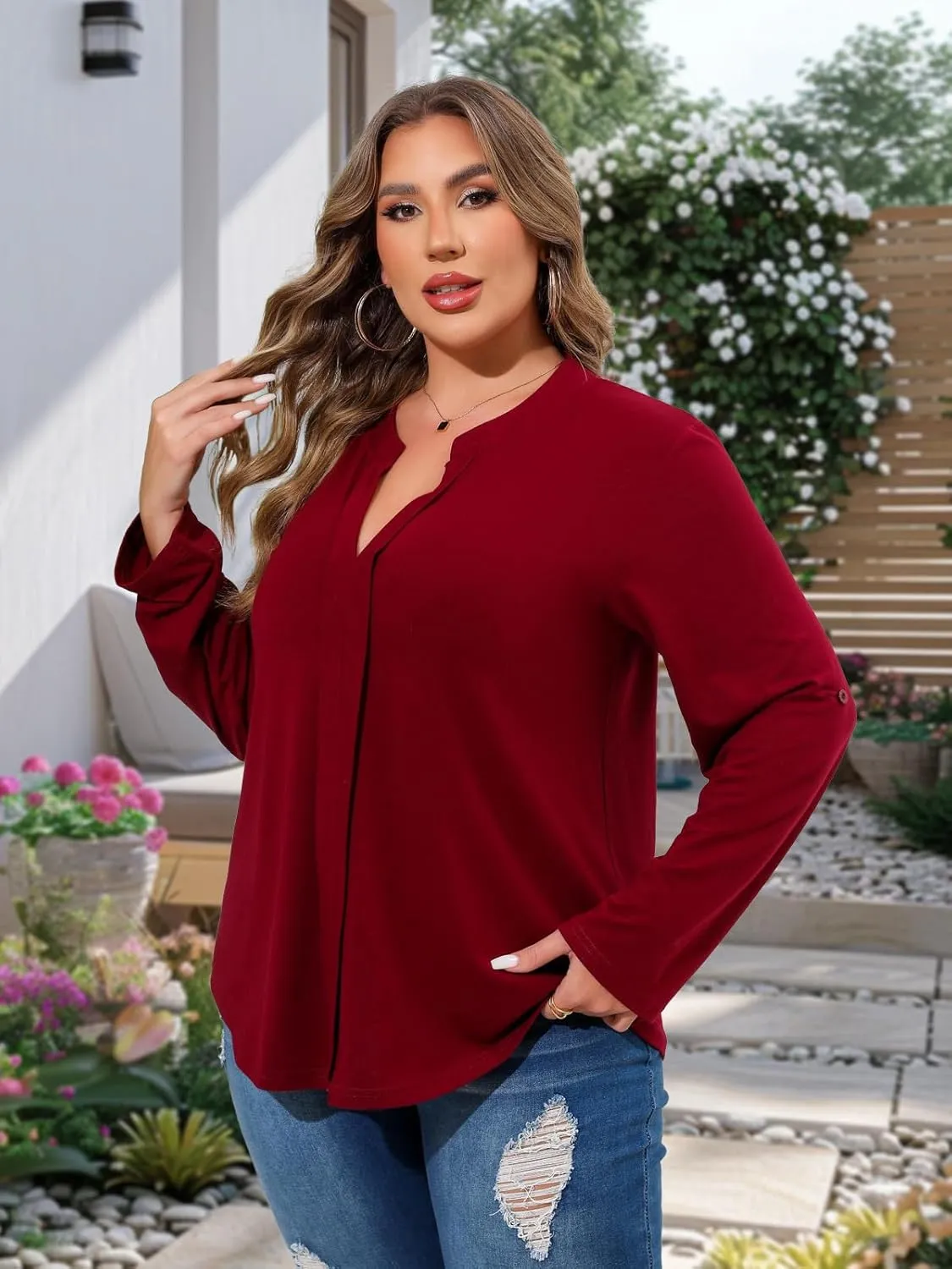 Beauhuty Womens Plus Size Tops Split V Neck Tunic Pleated Shirts Casual Trendy Flowy Dressy Blouses Roll up Sleeves