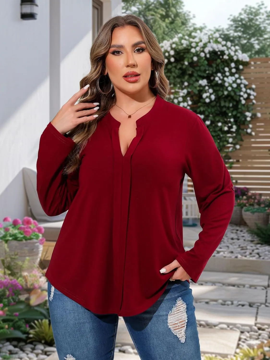 Beauhuty Womens Plus Size Tops Split V Neck Tunic Pleated Shirts Casual Trendy Flowy Dressy Blouses Roll up Sleeves