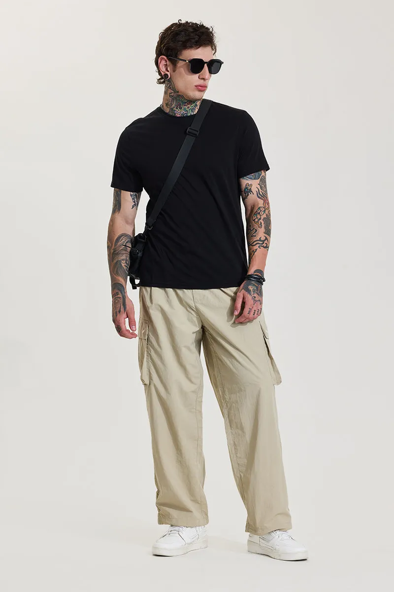 Beige Mid Rise Loose Fit Parachute Pants