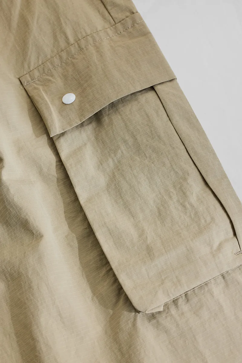 Beige Mid Rise Loose Fit Parachute Pants