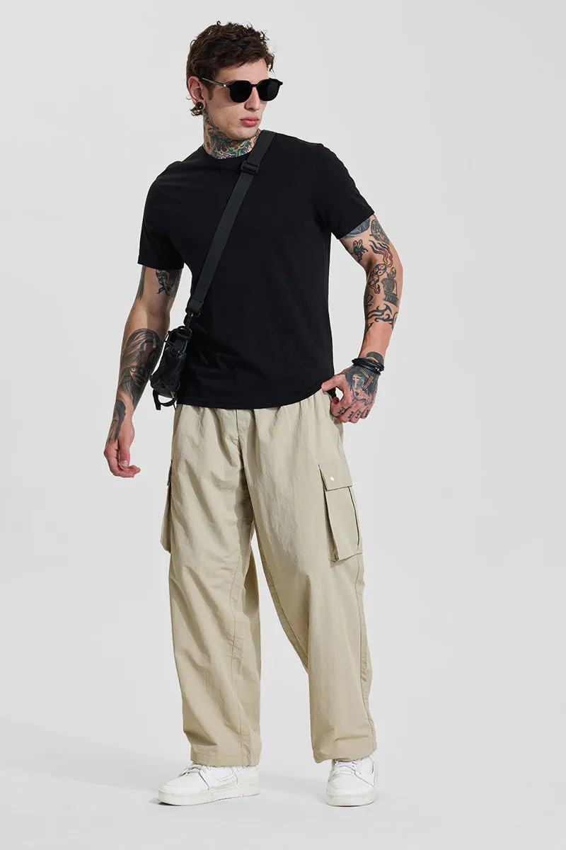 Beige Mid Rise Loose Fit Parachute Pants