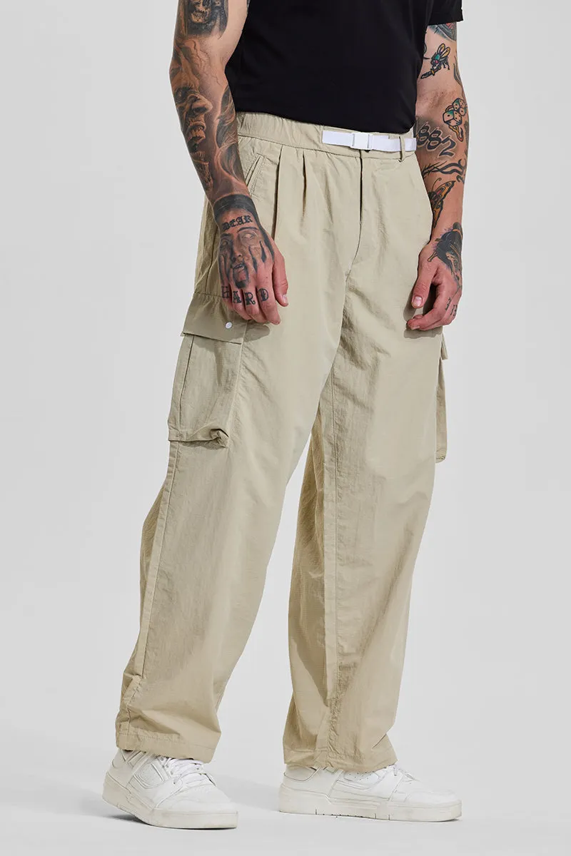 Beige Mid Rise Loose Fit Parachute Pants