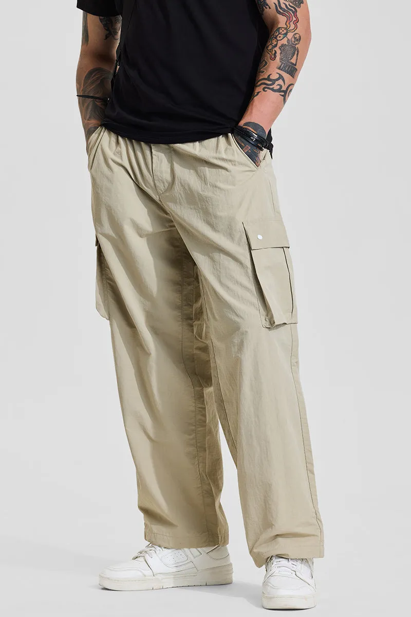 Beige Mid Rise Loose Fit Parachute Pants