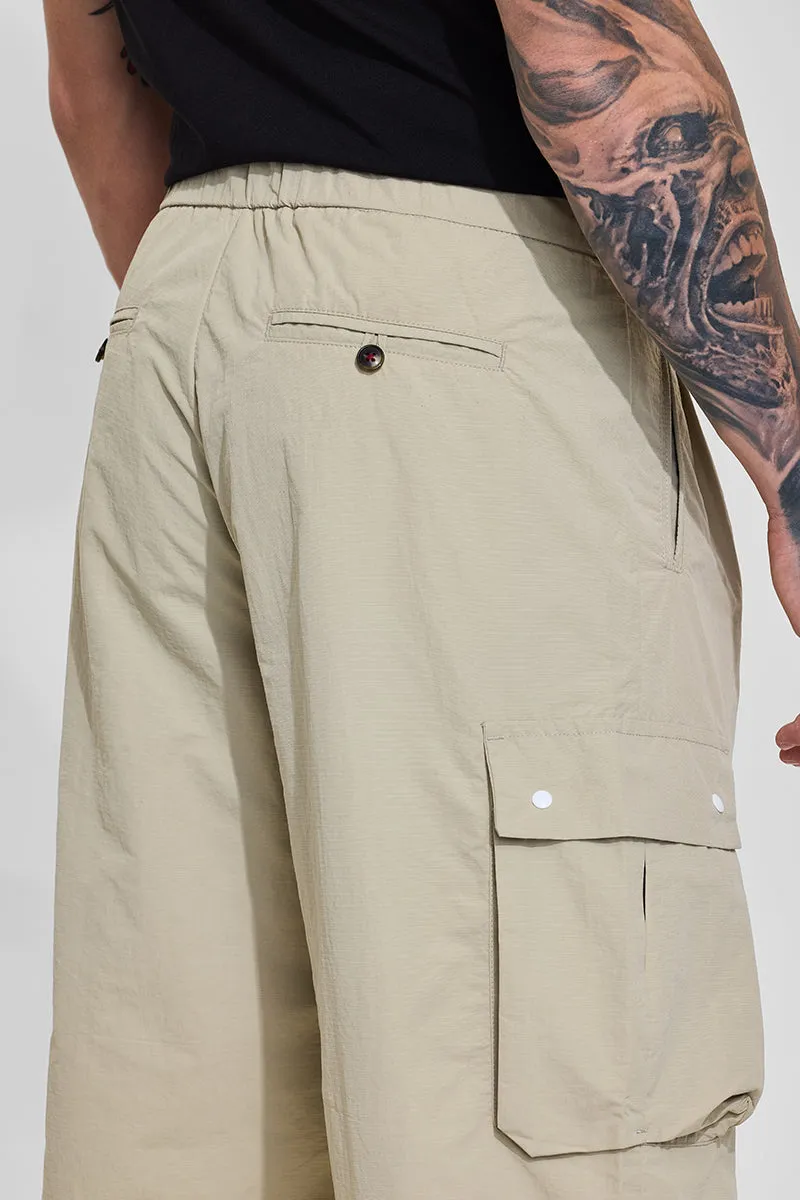 Beige Mid Rise Loose Fit Parachute Pants