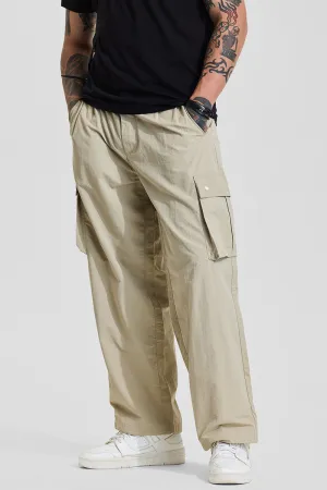 Beige Mid Rise Loose Fit Parachute Pants