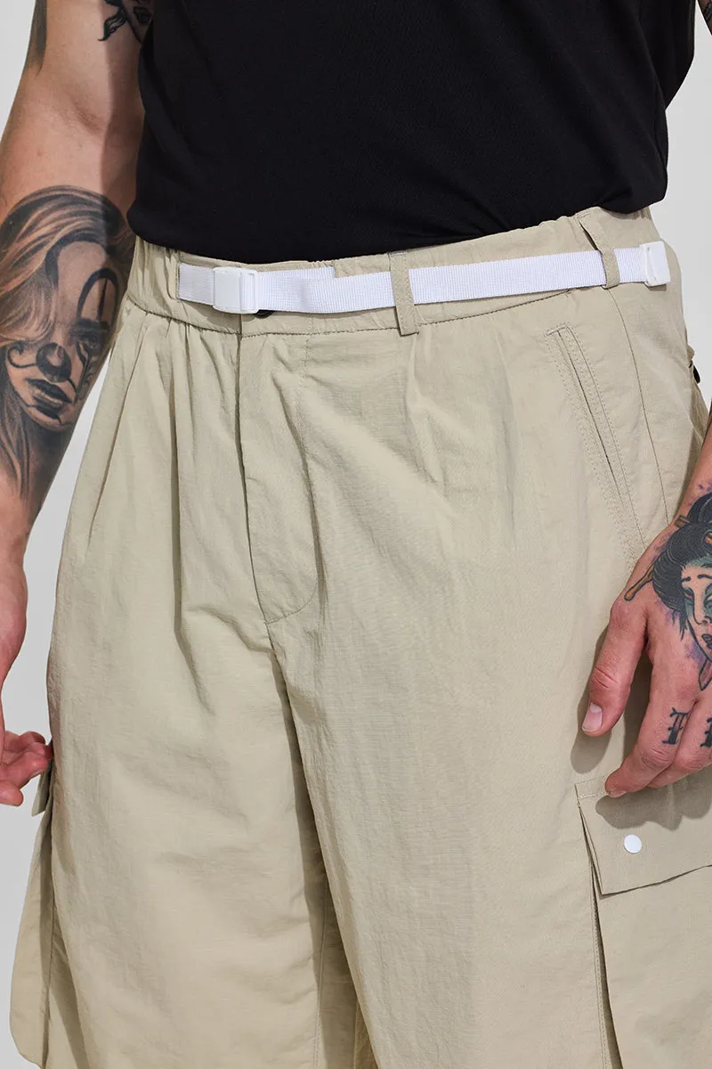 Beige Mid Rise Loose Fit Parachute Pants