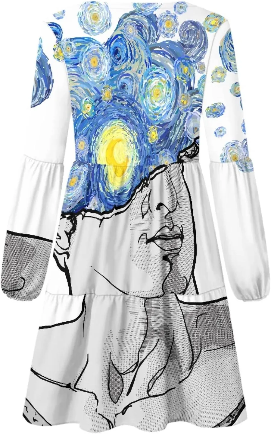 Bengbobar 2023 Van Gogh Dress Women Starry Night Summer Spring Tunic Mini Long Puff Sleeve Casual Loose Flowy Shift Dress