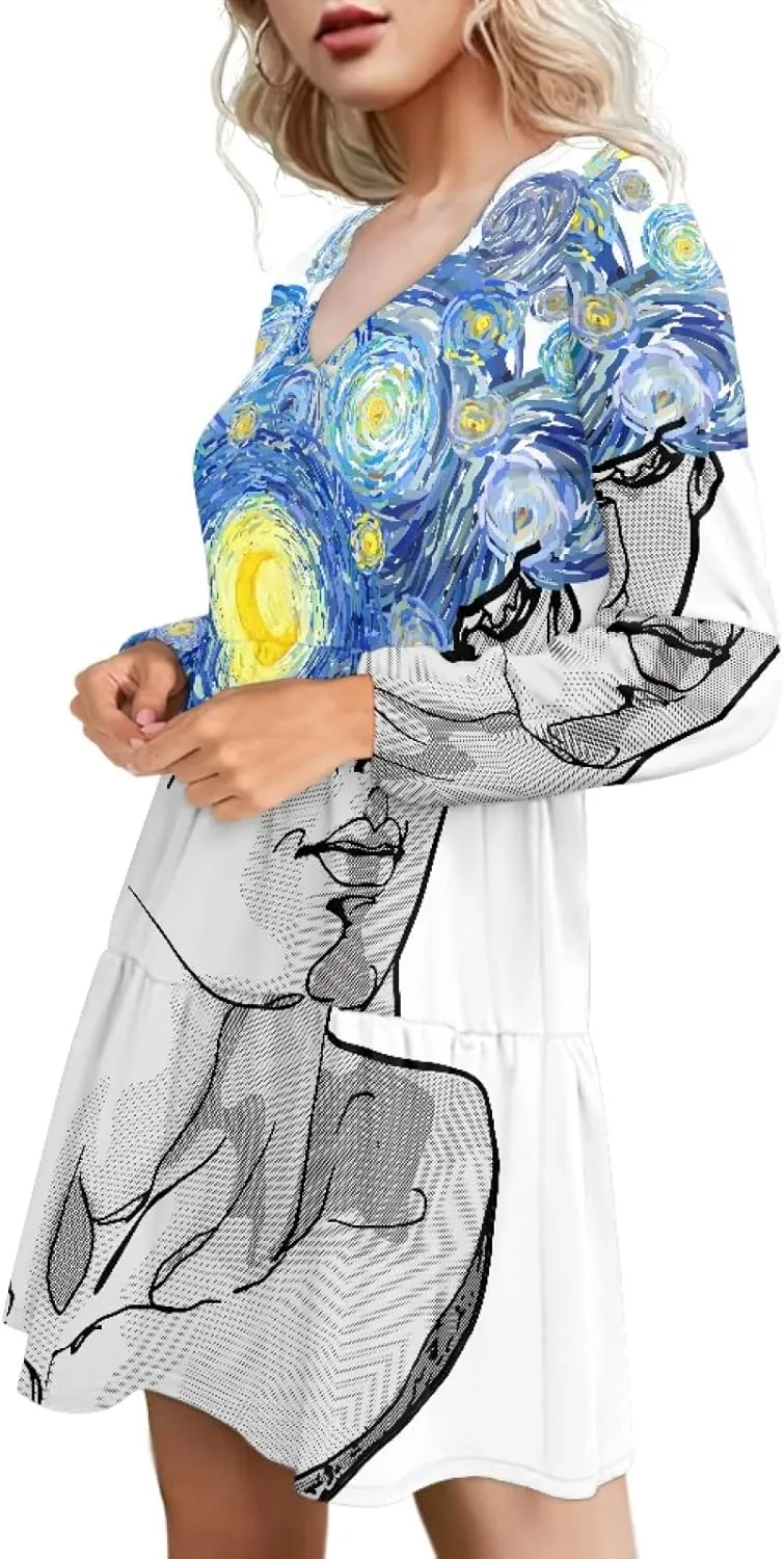 Bengbobar 2023 Van Gogh Dress Women Starry Night Summer Spring Tunic Mini Long Puff Sleeve Casual Loose Flowy Shift Dress