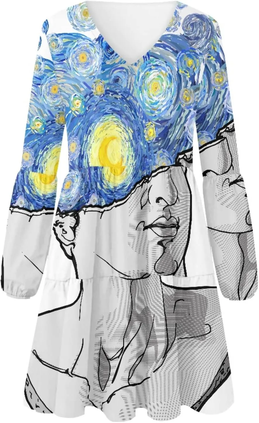 Bengbobar 2023 Van Gogh Dress Women Starry Night Summer Spring Tunic Mini Long Puff Sleeve Casual Loose Flowy Shift Dress