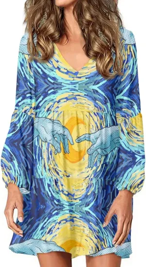 Bengbobar 2023 Van Gogh Dress Women Starry Night Summer Spring Tunic Mini Long Puff Sleeve Casual Loose Flowy Shift Dress