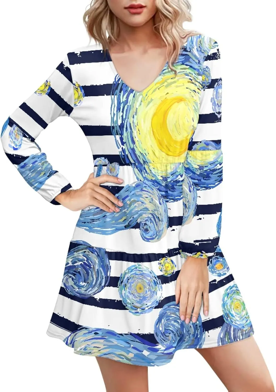 Bengbobar 2023 Van Gogh Dress Women Starry Night Summer Spring Tunic Mini Long Puff Sleeve Casual Loose Flowy Shift Dress
