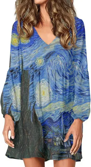 Bengbobar 2023 Van Gogh Dress Women Starry Night Summer Spring Tunic Mini Long Puff Sleeve Casual Loose Flowy Shift Dress