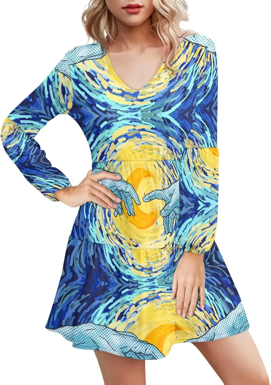 Bengbobar 2023 Van Gogh Dress Women Starry Night Summer Spring Tunic Mini Long Puff Sleeve Casual Loose Flowy Shift Dress