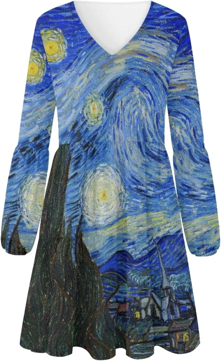 Bengbobar 2023 Van Gogh Dress Women Starry Night Summer Spring Tunic Mini Long Puff Sleeve Casual Loose Flowy Shift Dress