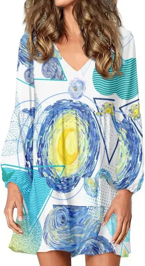 Bengbobar 2023 Van Gogh Dress Women Starry Night Summer Spring Tunic Mini Long Puff Sleeve Casual Loose Flowy Shift Dress