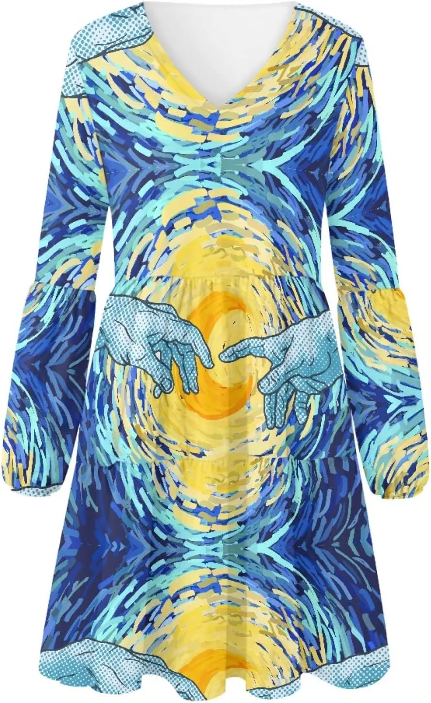 Bengbobar 2023 Van Gogh Dress Women Starry Night Summer Spring Tunic Mini Long Puff Sleeve Casual Loose Flowy Shift Dress