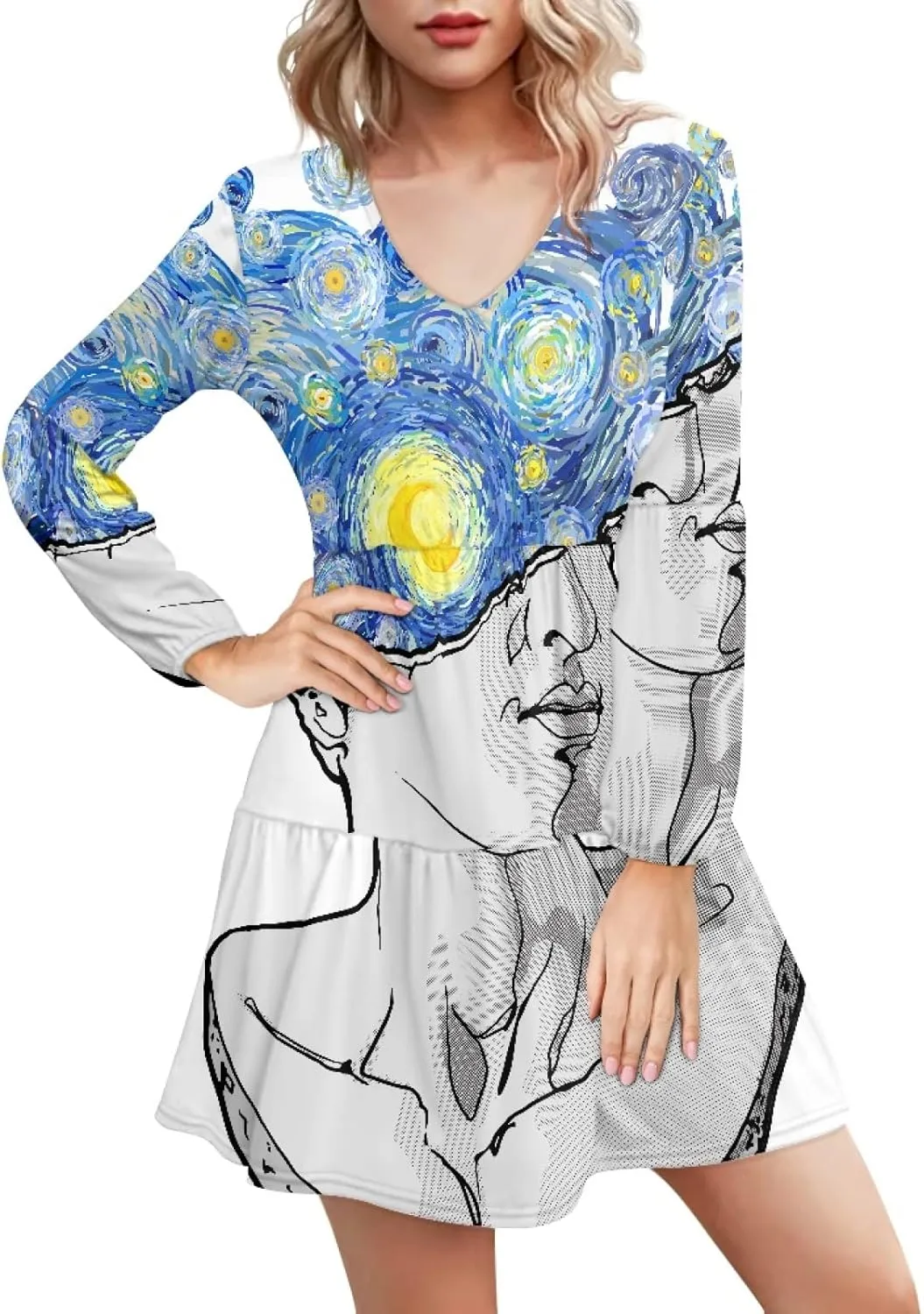 Bengbobar 2023 Van Gogh Dress Women Starry Night Summer Spring Tunic Mini Long Puff Sleeve Casual Loose Flowy Shift Dress