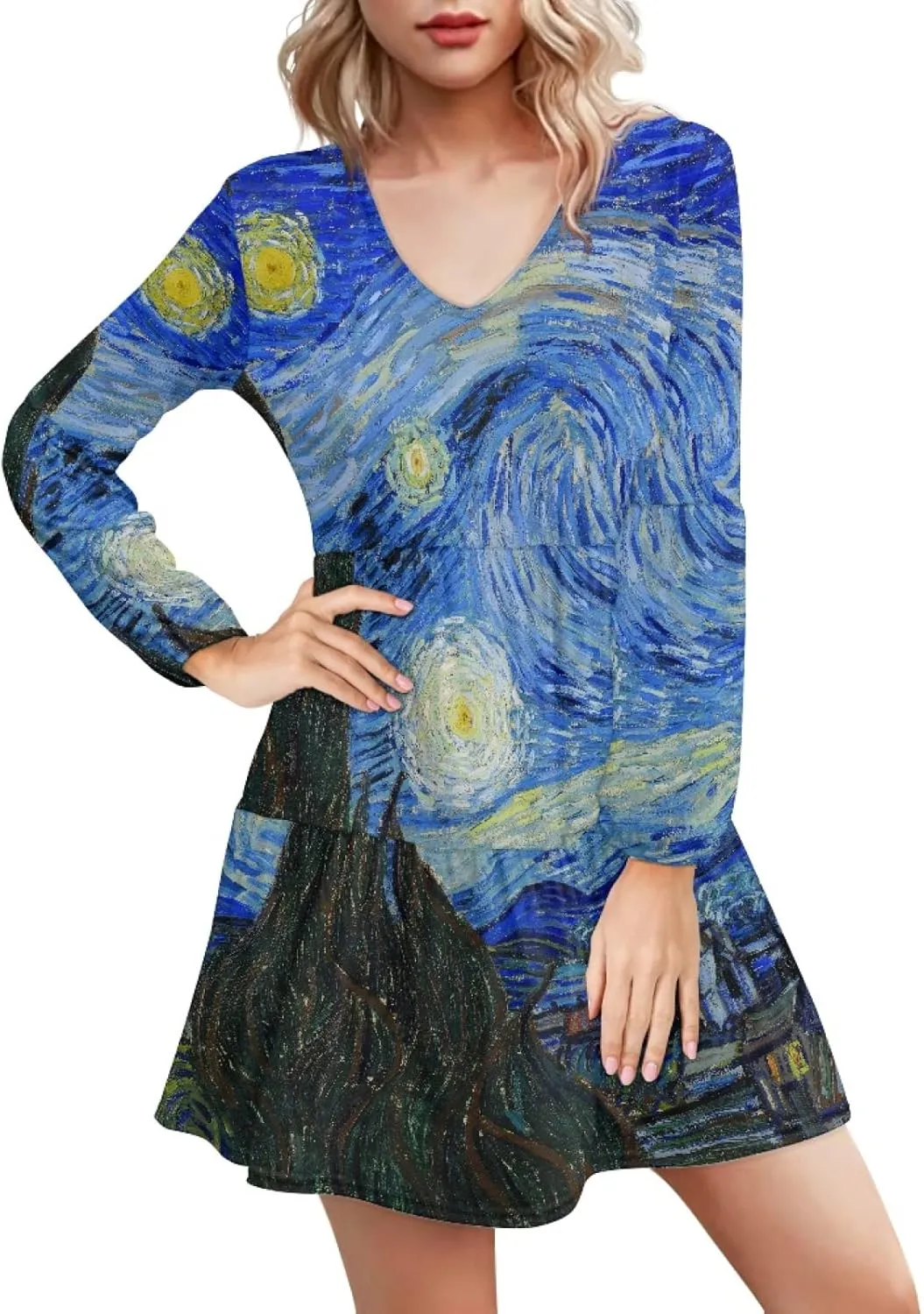 Bengbobar 2023 Van Gogh Dress Women Starry Night Summer Spring Tunic Mini Long Puff Sleeve Casual Loose Flowy Shift Dress