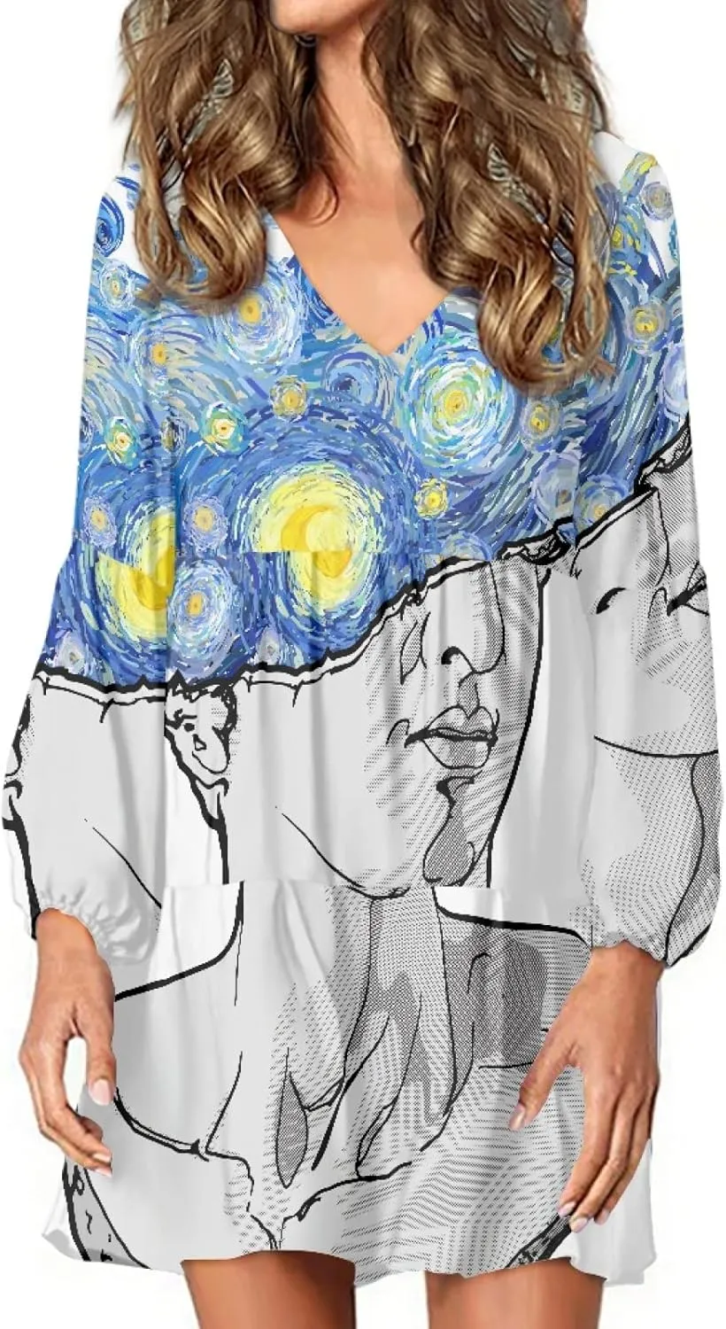 Bengbobar 2023 Van Gogh Dress Women Starry Night Summer Spring Tunic Mini Long Puff Sleeve Casual Loose Flowy Shift Dress
