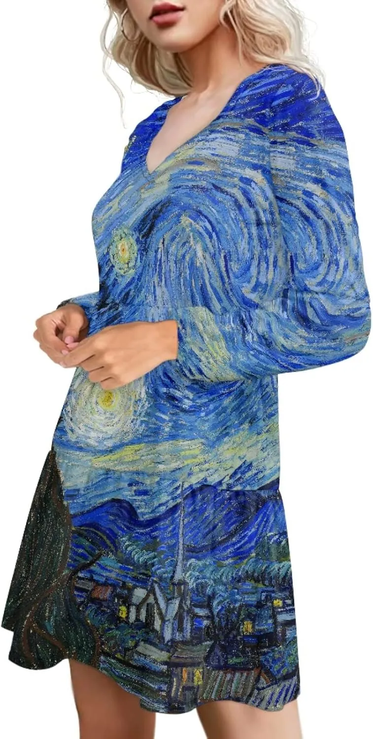 Bengbobar 2023 Van Gogh Dress Women Starry Night Summer Spring Tunic Mini Long Puff Sleeve Casual Loose Flowy Shift Dress