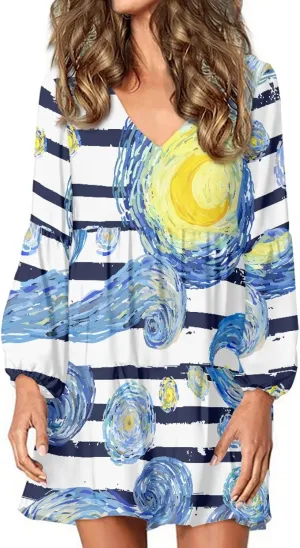 Bengbobar 2023 Van Gogh Dress Women Starry Night Summer Spring Tunic Mini Long Puff Sleeve Casual Loose Flowy Shift Dress