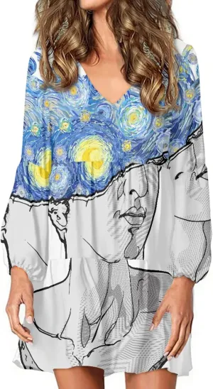 Bengbobar 2023 Van Gogh Dress Women Starry Night Summer Spring Tunic Mini Long Puff Sleeve Casual Loose Flowy Shift Dress