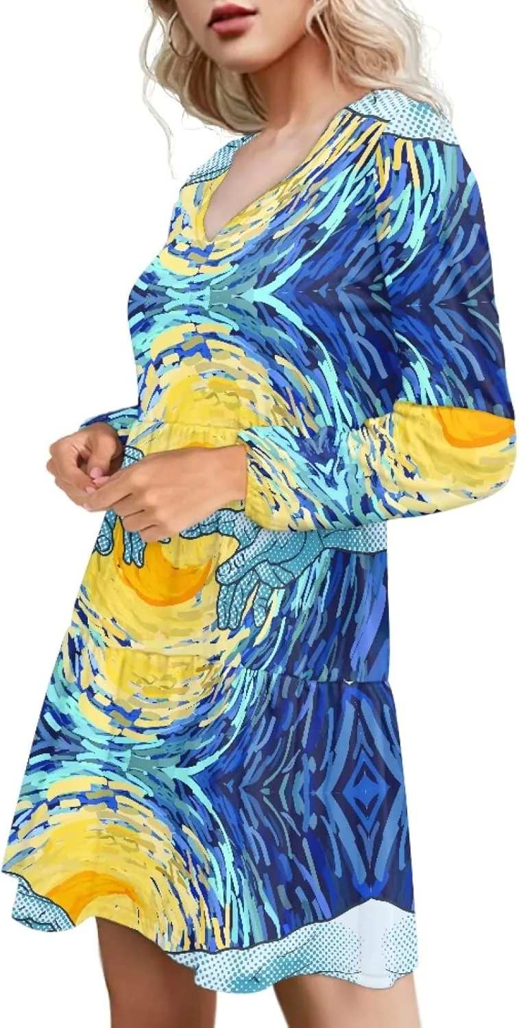 Bengbobar 2023 Van Gogh Dress Women Starry Night Summer Spring Tunic Mini Long Puff Sleeve Casual Loose Flowy Shift Dress