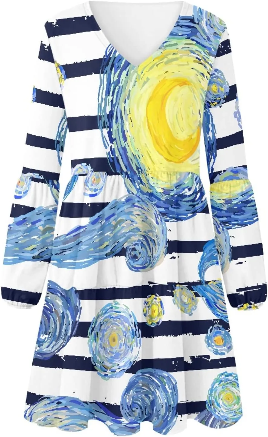 Bengbobar 2023 Van Gogh Dress Women Starry Night Summer Spring Tunic Mini Long Puff Sleeve Casual Loose Flowy Shift Dress