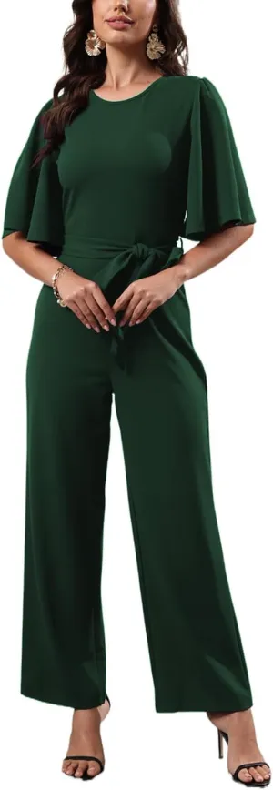 BessCops Women Casual Loose Short Sleeve Belted Wide Leg Pant Romper Jumpsuits