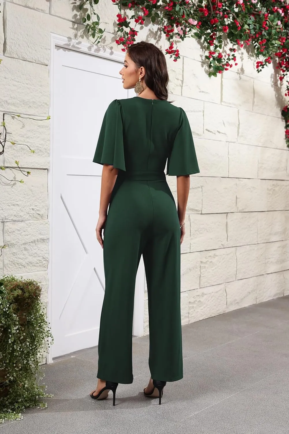 BessCops Women Casual Loose Short Sleeve Belted Wide Leg Pant Romper Jumpsuits