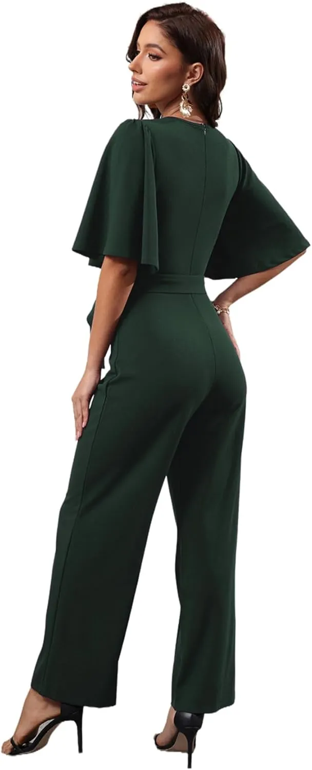 BessCops Women Casual Loose Short Sleeve Belted Wide Leg Pant Romper Jumpsuits