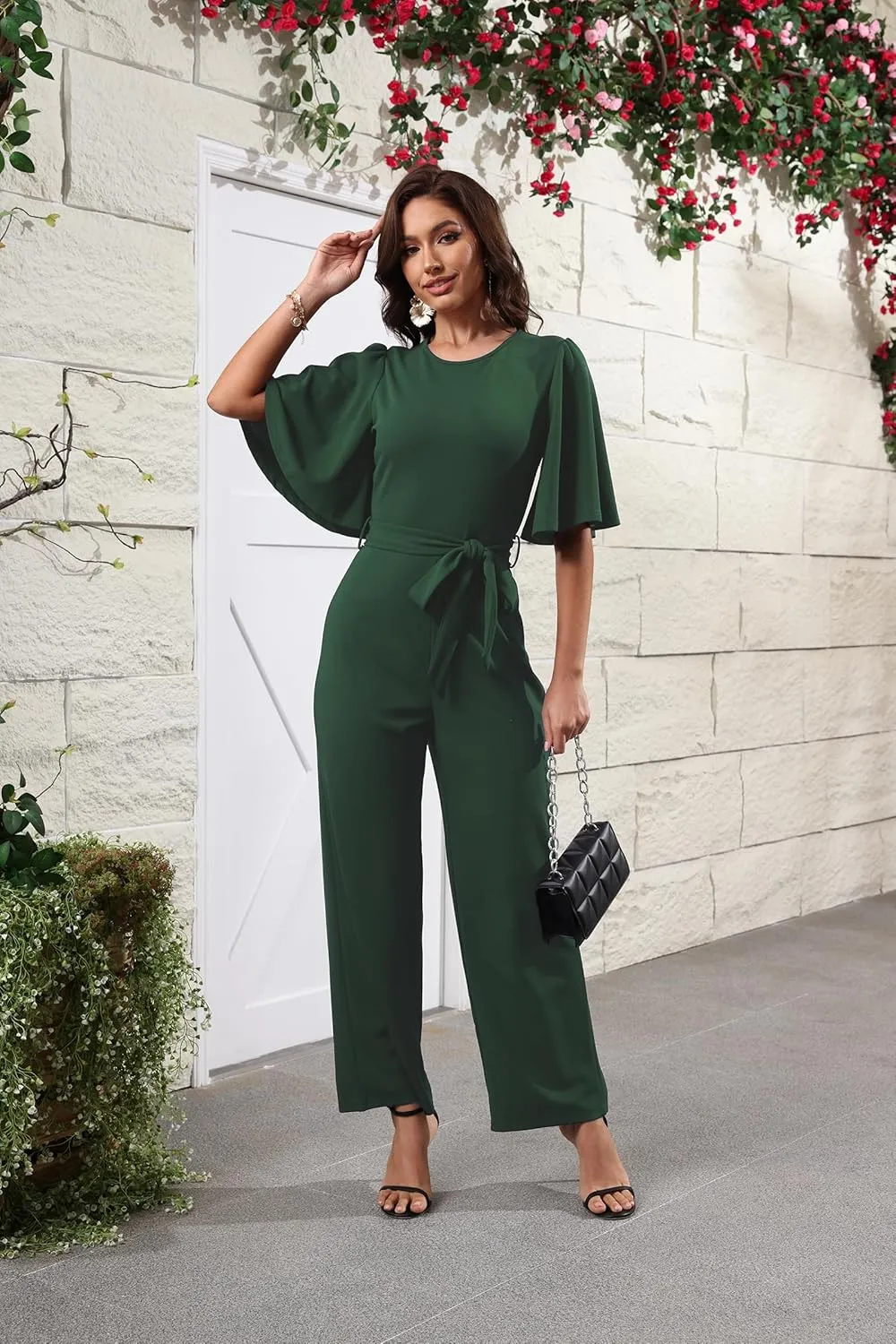 BessCops Women Casual Loose Short Sleeve Belted Wide Leg Pant Romper Jumpsuits