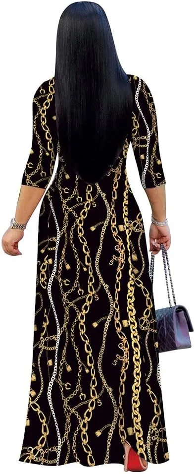BFFBABY Women's Wrap V Neck Plus Size Maxi Dresses 3/4 Sleeves Chain Floral Printed Swing Dress with Belt