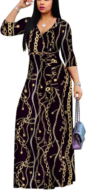 BFFBABY Women's Wrap V Neck Plus Size Maxi Dresses 3/4 Sleeves Chain Floral Printed Swing Dress with Belt