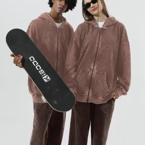BINTEHGS Basic Oversized Vintage Zip Up Hoodie for Women Baggy Acid Wash Jacket Y2k Retro Grunge Zipper Sweatshirts Loose Fit