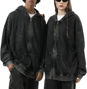 BINTEHGS Basic Oversized Vintage Zip Up Hoodie for Women Baggy Acid Wash Jacket Y2k Retro Grunge Zipper Sweatshirts Loose Fit