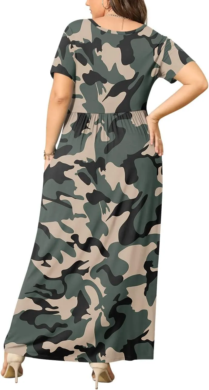 BISHUIGE Plus Size Maxi Dresses for Women Summer Casual Short Sleeve Long Dress with Pockets XL-6XL