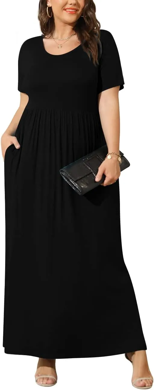 BISHUIGE Plus Size Maxi Dresses for Women Summer Casual Short Sleeve Long Dress with Pockets XL-6XL