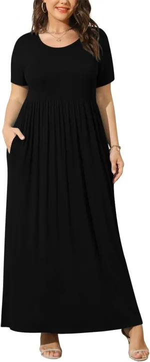 BISHUIGE Plus Size Maxi Dresses for Women Summer Casual Short Sleeve Long Dress with Pockets XL-6XL